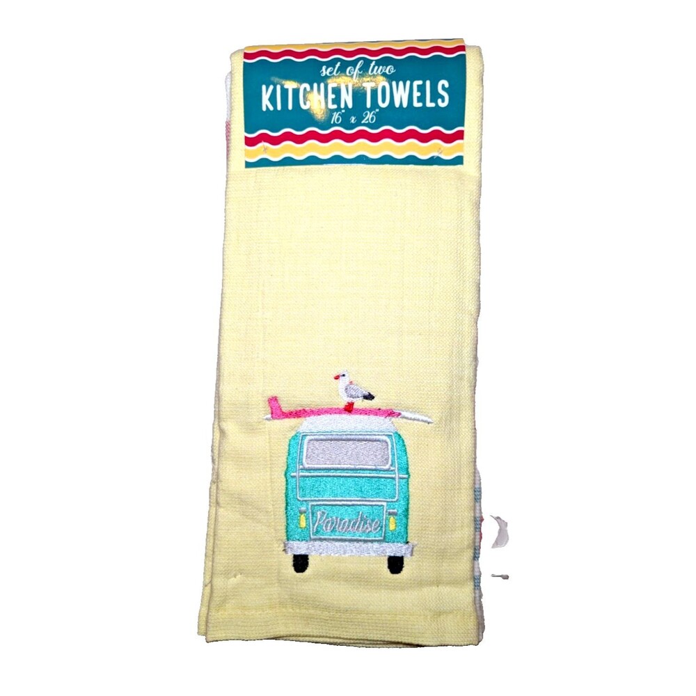 Paradise Beach Van Bus Kitchen Towels Surfboard Seagull Striped Embroidered 2-Pc